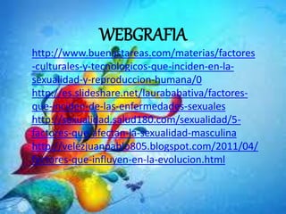 WEBGRAFIA
http://www.buenastareas.com/materias/factores
-culturales-y-tecnologicos-que-inciden-en-la-
sexualidad-y-reproduccion-humana/0
http://es.slideshare.net/laurababativa/factores-
que-inciden-de-las-enfermedades-sexuales
http://sexualidad.salud180.com/sexualidad/5-
factores-que-afectan-la-sexualidad-masculina
http://velezjuanpablo805.blogspot.com/2011/04/
factores-que-influyen-en-la-evolucion.html
 
