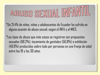 *Un 21,4% de niños, niñas y adolescentes de Ecuador ha sufrido en
  alguna ocasión de abuso sexual, según el INFA y el MIES.
*Los tipos de abuso que más casos se registran son propuestas
  sexuales (68.2%), tocamiento de genitales (56,8%) o exhibición
  (49,9%) producidos sobre todo por personas en una franja de edad
  entre los 18 y los 30 años.
 