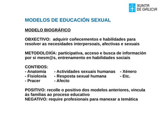 MODELOS DE EDUCACIÓN SEXUAL
MODELO BIOGRÁFICO
OBXECTIVO: adquirir coñecementos e habilidades para
resolver as necesidades interpersoais, afectivas e sexuais
METODOLOXÍA: participativa, acceso e busca de información
por si mesm@s, entrenamento en habilidades sociais
CONTIDOS:
- Anatomía - Actividades sexuais humanas - Xénero
- Fisioloxía - Resposta sexual humana - Etc.
- Pracer - Afecto
POSITIVO: recolle o positivo dos modelos anteriores, vincula
ás familias ao proceso educativo
NEGATIVO: require profesionais para manexar a temática
 