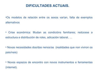 DIFICULTADES ACTUAIS.
•Os modelos de relación entre os sexos varían, falta de exemplos
alternativos
• Crise económica: Mudan as condicións familiares; redúcese a
estructura e distribución de roles, adicación laboral, …
• Novas necesidades dos/das nenos/as (realidades que non viviron os
pais/nais)
• Novos espazos de encontro con novos instrumentos e ferramentas
(internet).
 