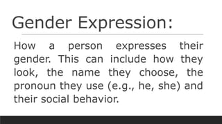 Gender Expression:
How a person expresses their
gender. This can include how they
look, the name they choose, the
pronoun they use (e.g., he, she) and
their social behavior.
 