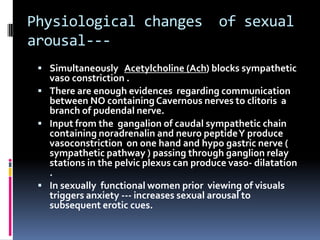 Physiological changes
arousal---

of sexual

 Simultaneously Acetylcholine (Ach) blocks sympathetic

vaso constriction .
 There are enough evidences regarding communication
between NO containing Cavernous nerves to clitoris a
branch of pudendal nerve.
 Input from the gangalion of caudal sympathetic chain
containing noradrenalin and neuro peptide Y produce
vasoconstriction on one hand and hypo gastric nerve (
sympathetic pathway ) passing through ganglion relay
stations in the pelvic plexus can produce vaso- dilatation
.
 In sexually functional women prior viewing of visuals
triggers anxiety --- increases sexual arousal to
subsequent erotic cues.

 