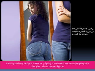 sex_drive_killers_s8_
woman_looking_at_b
ehind_in_mirror

Viewing self body image in mirror on 3rd party ‘s comments and developing Negative
thoughts about her own figures

 