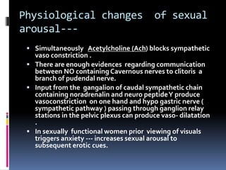 Physiological changes of sexual 
arousal--- 
 Simultaneously Acetylcholine (Ach) blocks sympathetic 
vaso constriction . 
 There are enough evidences regarding communication 
between NO containing Cavernous nerves to clitoris a 
branch of pudendal nerve. 
 Input from the gangalion of caudal sympathetic chain 
containing noradrenalin and neuro peptide Y produce 
vasoconstriction on one hand and hypo gastric nerve ( 
sympathetic pathway ) passing through ganglion relay 
stations in the pelvic plexus can produce vaso- dilatation 
. 
 In sexually functional women prior viewing of visuals 
triggers anxiety --- increases sexual arousal to 
subsequent erotic cues. 
 