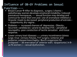 Influence of OB-GY Problems on Sexual 
Function---- 
 Breast Cancer After its diagnosis, surgery / chemo – 
radiotherapy women develops emotional instability / induced 
premature menopause, --- sexual function may develop and 
continue for more than one year. Use of aromatase inhibitors ( 
litrazole ) leads to decreased peripheral production of estriole-- 
-- dyspareunia, dry vagina . 
 Diabetes --- increased chances of depression . Obesity , 
recurrent candidacies—prone to develop VVS – peripheral 
neuropathy- poor conduction of tactile sensation and tissue 
response. 
 Lower urinary tract diseases ---- urinary incontinence (stress 
/urge / true –Urinary fistula), TVT surgery / anterior and 
posterior colpoperineorrhaphy / Burch suspension for 
prolapsed --- de enervation of anterior wall / dyspariunia ( in 8- 
20 % women ) ---sexual dysfunction. 
 