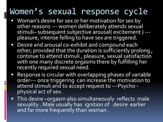 Women’s sexual response cycle 
 Woman’s desire for sex or her motivation for sex by 
other reasons --- women deliberately attends sexual 
stimuli– subsequent subjective arousal( excitement ) --- 
pleasure, intense felling to have sex are triggered. 
 Desire and arousal co-exhibit and compound each 
other; provided that the duration is sufficiently prolong , 
continue to attend stimuli , pleasure, sexual satisfaction 
with one many discrete orgasms there by fulfilling her 
recently required sexual need. 
 Response is circular with overlapping phases of variable 
order--- once triggering can increase the motivation to 
attend stimuli and to accept request to ---Psycho - 
physical act of sex. 
 This desire –orgasm also simultaneously reflects male 
sexuality . Male usually has ignition of desire earlier 
and far more frequently than woman . 
 