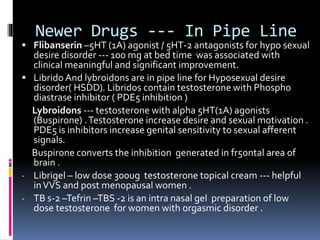 Newer Drugs --- In Pipe Line 
 Flibanserin –5HT (1A) agonist / 5HT-2 antagonists for hypo sexual 
desire disorder --- 100 mg at bed time was associated with 
clinical meaningful and significant improvement. 
 Librido And lybroidons are in pipe line for Hyposexual desire 
disorder( HSDD). Libridos contain testosterone with Phospho 
diastrase inhibitor ( PDE5 inhibition ) 
Lybroidons --- testosterone with alpha 5HT(1A) agonists 
(Buspirone) . Testosterone increase desire and sexual motivation . 
PDE5 is inhibitors increase genital sensitivity to sexual afferent 
signals. 
Buspirone converts the inhibition generated in fr5ontal area of 
brain . 
- Librigel – low dose 300ug testosterone topical cream --- helpful 
in VVS and post menopausal women . 
- TB s-2 –Tefrin –TBS -2 is an intra nasal gel preparation of low 
dose testosterone for women with orgasmic disorder . 
 