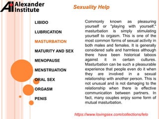 Sexuality Help
LIBIDO
LUBRICATION
MASTURBATION
MATURITY AND SEX
MENOPAUSE
MENSTRUATION
ORAL SEX
ORGASM
PENIS
Commonly known as pleasuring
yourself or "playing with yourself,"
masturbation is simply stimulating
yourself to orgasm. This is one of the
most common forms of sexual activity in
both males and females. It is generally
considered safe and harmless although
there have been historical taboos
against it in certain cultures.
Masturbation can be such a pleasurable
experience that people even do it when
they are involved in a sexual
relationship with another person. This is
not unusual and is not damaging to the
relationship when there is effective
communication between partners. In
fact, many couples enjoy some form of
mutual masturbation.
https://www.lovingsex.com/collections/lelo
 