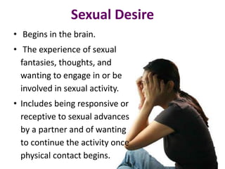 Sexual Desire
• Begins in the brain.
• The experience of sexual
fantasies, thoughts, and
wanting to engage in or be
involved in sexual activity.
• Includes being responsive or
receptive to sexual advances
by a partner and of wanting
to continue the activity once
physical contact begins.
 