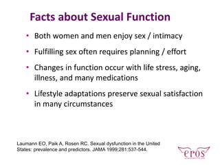 Facts about Sexual Function
• Both women and men enjoy sex / intimacy
• Fulfilling sex often requires planning / effort
• Changes in function occur with life stress, aging,
illness, and many medications
• Lifestyle adaptations preserve sexual satisfaction
in many circumstances
Laumann EO, Paik A, Rosen RC. Sexual dysfunction in the United
States: prevalence and predictors. JAMA 1999;281:537-544.
 