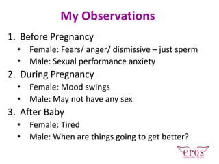 My Observations
1. Before Pregnancy
• Female: Fears/ anger/ dismissive – just sperm
• Male: Sexual performance anxiety
2. During Pregnancy
• Female: Mood swings
• Male: May not have any sex
3. After Baby
• Female: Tired
• Male: When are things going to get better?
 