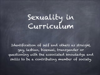 Sexuality in
Curriculum
Identification of self and others as straight,
gay, lesbian, bisexual, transgender or
questioning with the associated knowledge and
skills to be a contributing member of society.

 