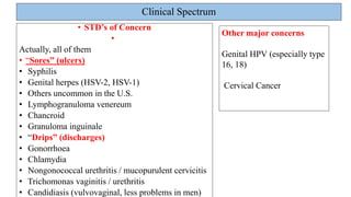 Clinical Spectrum
• STD’s of Concern
•
Actually, all of them
• “Sores” (ulcers)
• Syphilis
• Genital herpes (HSV-2, HSV-1)
• Others uncommon in the U.S.
• Lymphogranuloma venereum
• Chancroid
• Granuloma inguinale
• “Drips” (discharges)
• Gonorrhoea
• Chlamydia
• Nongonococcal urethritis / mucopurulent cervicitis
• Trichomonas vaginitis / urethritis
• Candidiasis (vulvovaginal, less problems in men)
Other major concerns
Genital HPV (especially type
16, 18)
Cervical Cancer
 