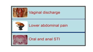 1. Urethral discharge in males
Urethral discharge confirmed by clinician
Compliance good and Reinfection
unlikely : Refer the patient
Compliance bad and/or reinfection
likely : start protocol again
Lab investigations (if available)
Treatment of gonorrhoea and chlamydial infection, health
education and counselling, Examine and treat partners.
Follow up 7-14 days after treatment. Clinical cure
Discharge persist
Assess the treatment
 