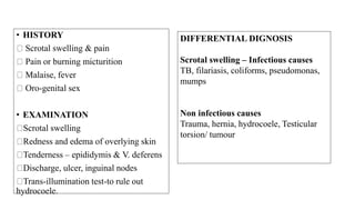 Treat for G/C
• T. Cefixime 400mg single dose + T.
Azithromycin 1 gm orally single dose.
• Supportive treatment – scrotal elevation
using T bandage, analgesics.
• If not respond-Prompt referral.
Long term parental : complicated G. infection
Delay in treatment : scarring / sub-fertility
Treatment of pregnant
Partner
• Doxycycline & Erythromycin
esolate (hepatotoxic) is
Contraindicated.
• Erythromycin base (or)
erythromycin ethyl succinate (or)
amoxicillin can be used.
 