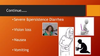 Continue……
•Severe &persistence Diarrhea
•Vision loss
•Nausea
•Vomiting
 