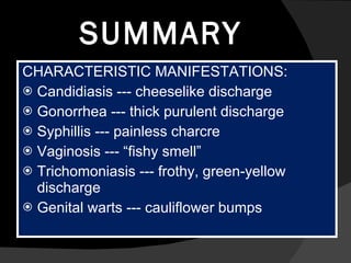 SUMMARY CHARACTERISTIC MANIFESTATIONS: Candidiasis --- cheeselike discharge Gonorrhea --- thick purulent discharge Syphillis --- painless charcre Vaginosis --- “fishy smell” Trichomoniasis --- frothy, green-yellow discharge Genital warts --- cauliflower bumps 