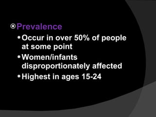 Prevalence Occur in over 50% of people at some point Women/infants disproportionately affected  Highest in ages 15-24 
