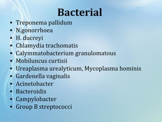 Bacterial
• Treponema pallidum
• N.gonorrhoea
• H. ducreyi
• Chlamydia trachomatis
• Calymmatobacterium granulomatous
• Mobiluncus curtisii
• Ureaplasma urealyticum, Mycoplasma hominis
• Gardenella vaginalis
• Acinetobacter
• Bacteroidis
• Campylobacter
• Group B streptococci
 