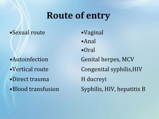 Route of entry
•Sexual route •Vaginal
•Anal
•Oral
•Autoinfection Genital herpes, MCV
•Vertical route Congenital syphilis,HIV
•Direct trauma H ducreyi
•Blood transfusion Syphilis, HIV, hepatitis B
 