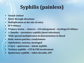 Syphilis (painless)
• Sexual contact
• Entry through abrasions
• Multiplication at the site of entry
• IP 9-90days
• Primary lesion → chancre LN enlargement healingx10-40days→ →
• 1-3mnths secondary syphilis (most infectious)→
• Wide spread multiplication & dissemination in blood
• Rash, mucus patches, condylomata
• Ophthalmic, osseous, meningial
• 4-5yrs quiescence latent syphilis→ →
• Tertiary syphilis CVS & CNS involvement→
• Quaternary syphilis tabes dorsalis, GPI→
 