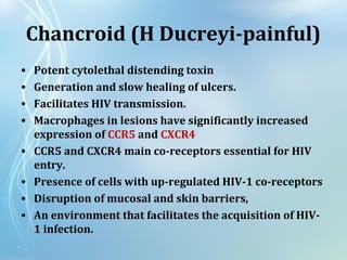 Chancroid (H Ducreyi-painful)
• Potent cytolethal distending toxin
• Generation and slow healing of ulcers.
• Facilitates HIV transmission.
• Macrophages in lesions have significantly increased
expression of CCR5 and CXCR4
• CCR5 and CXCR4 main co-receptors essential for HIV
entry.
• Presence of cells with up-regulated HIV-1 co-receptors
• Disruption of mucosal and skin barriers,
• An environment that facilitates the acquisition of HIV-
1 infection.
 