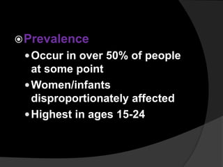 Prevalence
Occur in over 50% of people
at some point
Women/infants
disproportionately affected
Highest in ages 15-24
 