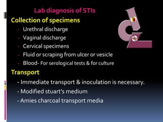 Lab diagnosis of STIs
Collection of specimens
- Urethral discharge
- Vaginal discharge
- Cervical specimens
- Fluid or scraping from ulcer or vesicle
- Blood- For serological tests & for culture
Transport
- Immediate transport & inoculation is necessary.
- Modified stuart’s medium
- Amies charcoal transport media
 