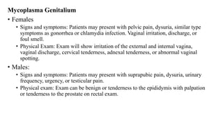 Mycoplasma Genitalium
• Females
• Signs and symptoms: Patients may present with pelvic pain, dysuria, similar type
symptoms as gonorrhea or chlamydia infection. Vaginal irritation, discharge, or
foul smell.
• Physical Exam: Exam will show irritation of the external and internal vagina,
vaginal discharge, cervical tenderness, adnexal tenderness, or abnormal vaginal
spotting.
• Males:
• Signs and symptoms: Patients may present with suprapubic pain, dysuria, urinary
frequency, urgency, or testicular pain.
• Physical exam: Exam can be benign or tenderness to the epididymis with palpation
or tenderness to the prostate on rectal exam.
 