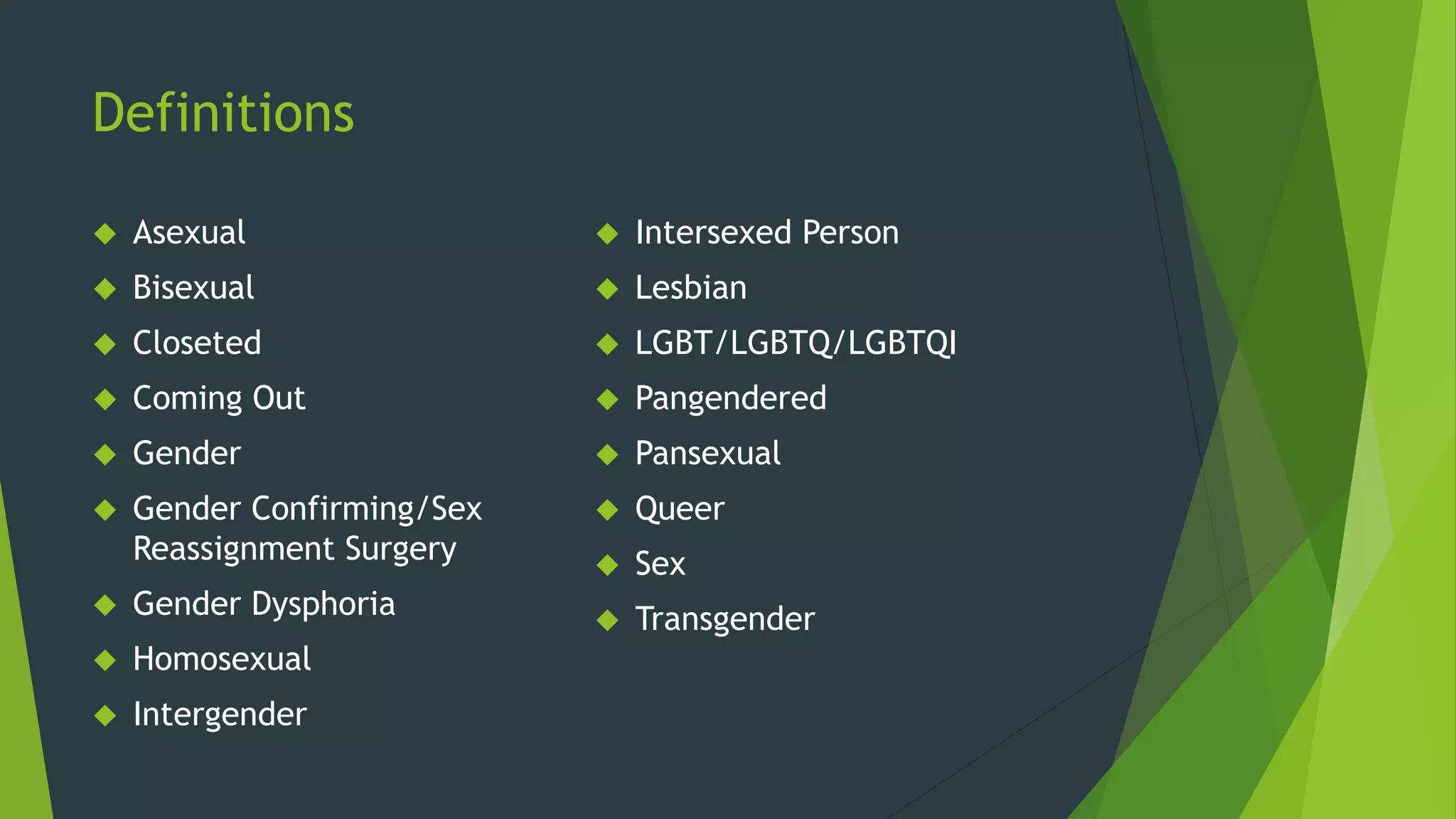 Definitions
 Asexual
 Bisexual
 Closeted
 Coming Out
 Gender
 Gender Confirming/Sex
Reassignment Surgery
 Gender Dysphoria
 Homosexual
 Intergender
 Intersexed Person
 Lesbian
 LGBT/LGBTQ/LGBTQI
 Pangendered
 Pansexual
 Queer
 Sex
 Transgender
 