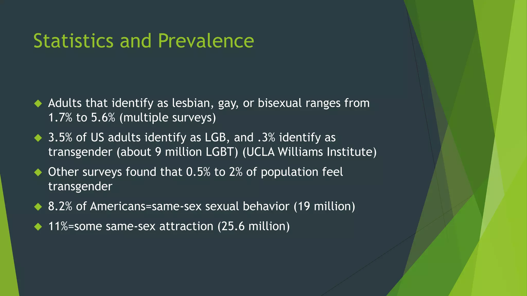 Statistics and Prevalence
 Adults that identify as lesbian, gay, or bisexual ranges from
1.7% to 5.6% (multiple surveys)
 3.5% of US adults identify as LGB, and .3% identify as
transgender (about 9 million LGBT) (UCLA Williams Institute)
 Other surveys found that 0.5% to 2% of population feel
transgender
 8.2% of Americans=same-sex sexual behavior (19 million)
 11%=some same-sex attraction (25.6 million)
 