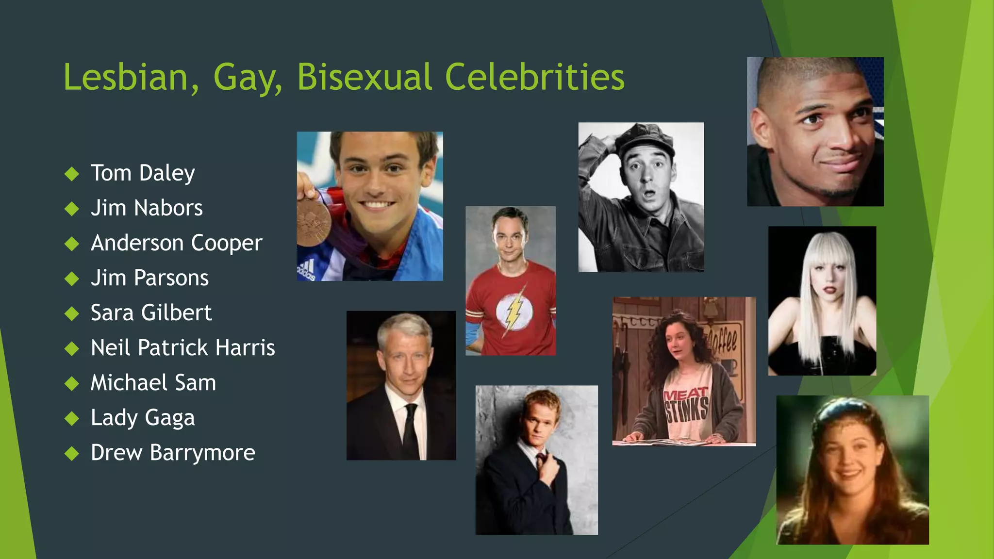 Lesbian, Gay, Bisexual Celebrities
 Tom Daley
 Jim Nabors
 Anderson Cooper
 Jim Parsons
 Sara Gilbert
 Neil Patrick Harris
 Michael Sam
 Lady Gaga
 Drew Barrymore
 