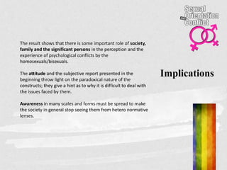 Implications
The result shows that there is some important role of society,
family and the significant persons in the perception and the
experience of psychological conflicts by the
homosexuals/bisexuals.
The attitude and the subjective report presented in the
beginning throw light on the paradoxical nature of the
constructs; they give a hint as to why it is difficult to deal with
the issues faced by them.
Awareness in many scales and forms must be spread to make
the society in general stop seeing them from hetero normative
lenses.
 