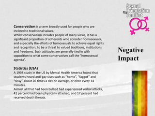 Negative
Impact
Conservatism is a term broadly used for people who are
inclined to traditional values.
Whilst conservatism includes people of many views, it has a
significant proportion of adherents who consider homosexuals,
and especially the efforts of homosexuals to achieve equal rights
and recognition, to be a threat to valued traditions, institutions
and freedoms. Such attitudes are generally tied in with
opposition to what some conservatives call the "homosexual
agenda".
Statistics (USA)
A 1998 study in the US by Mental Health America found that
students heard anti-gay slurs such as “homo”, “faggot” and
“sissy” about 26 times a day on average, or once every 14
minutes.
Almost all that had been bullied had experienced verbal attacks,
41 percent had been physically attacked, and 17 percent had
received death threats.
 