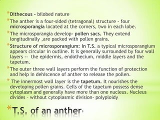 * Dithecous - bilobed nature
* The anther is a four-sided (tetragonal) structure - four

microsporangia located at the corners, two in each lobe.
* The microsporangia develop- pollen sacs. They extend
longitudinally ,are packed with pollen grains.
* Structure of microsporangium: In T.S. a typical microsporangium
appears circular in outline. It is generally surrounded by four wall
layers -- the epidermis, endothecium, middle layers and the
tapetum.
* The outer three wall layers perform the function of protection
and help in dehiscence of anther to release the pollen.
* The innermost wall layer is the tapetum. It nourishes the
developing pollen grains. Cells of the tapetum possess dense
cytoplasm and generally have more than one nucleus. Nucleus
divides – without cytoplasmic division- polyploidy

*

8

 