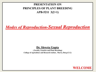 PRESENTATION ON
PRINCIPLES OF PLANT BREEDING
APB-5211 3(2+1)
Modes of Reproduction-Sexual Reproduction
Dr. Shweta Gupta
( Faculty, Genetics and Plant Breeding)
College of Agriculture and Research station , Marra, Durg (C.G)
WELCOME
 