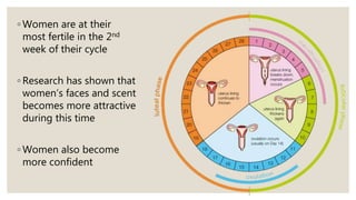◦ Women are at their
most fertile in the 2nd
week of their cycle
◦ Research has shown that
women’s faces and scent
becomes more attractive
during this time
◦ Women also become
more confident
 