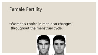 Female Fertility
◦Women’s choice in men also changes
throughout the menstrual cycle…
 
