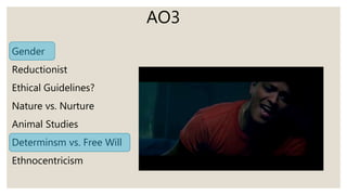 AO3
Gender
Reductionist
Ethical Guidelines?
Nature vs. Nurture
Animal Studies
Determinsm vs. Free Will
Ethnocentricism
 