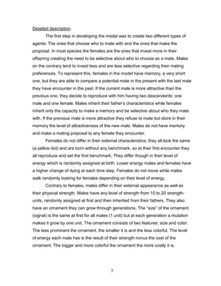 5
Detailed description
The first step in developing the model was to create two different types of
agents: The ones that choose who to mate with and the ones that make the
proposal. In most species the females are the ones that invest more in their
offspring creating the need to be selective about who to choose as a mate. Males
on the contrary tend to invest less and are less selective regarding their mating
preferences. To represent this, females in the model have memory, a very short
one, but they are able to compare a potential mate in the present with the last male
they have encounter in the past. If the current male is more attractive than the
previous one, they decide to reproduce with him having two descendents: one
male and one female. Males inherit their father’s characteristics while females
inherit only the capacity to make a memory and be selective about who they mate
with. If the previous male is more attractive they refuse to mate but store in their
memory the level of attractiveness of the new male. Males do not have memory
and make a mating proposal to any female they encounter.
Females do not differ in their external characteristics; they all look the same
(a yellow dot) and are born without any benchmark, so at their first encounter they
all reproduce and set the first benchmark. They differ though in their level of
energy which is randomly assigned at birth. Lower energy males and females have
a higher change of dying at each time step. Females do not move while males
walk randomly looking for females depending on their level of energy.
Contrary to females, males differ in their external appearance as well as
their physical strength. Males have any level of strength from 10 to 20 strength-
units, randomly assigned at first and then inherited from their fathers. They also
have an ornament they can grow through generations. The “size” of the ornament
(signal) is the same at first for all males (1 unit) but at each generation a mutation
makes it grow by one unit. The ornament consists of two features: size and color.
The less prominent the ornament, the smaller it is and the less colorful. The level
of energy each male has is the result of their strength minus the cost of the
ornament. The bigger and more colorful the ornament the more costly it is.
 