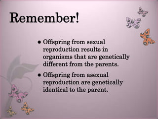 Remember!
      Offspring from sexual
       reproduction results in
       organisms that are genetically
       different from the parents.
      Offspring from asexual
       reproduction are genetically
       identical to the parent.
 