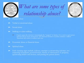 What are some types of 
relationship abuse? 
 Physical abuse 
 Verbal or emotional abuse 
 Sexual abuse 
 Stalking or cyber-stalking 
 Experts agree the internet is increasingly the “weapon” of choice. It is a tool to exert power 
and fear and it’s more anonymous. The National Institute of Justice estimate a million 
Americans fall victim to stalkers each year 
 Economic abuse or financial abuse 
 Spiritual abuse 
 Early warning signs include, jealousy, attempts at monitoring activities, not 
respecting boundaries, possessiveness, threats of destruction of property, 
questioning beliefs and choices, and putting the person down. 
 