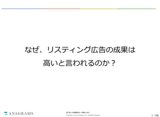 なぜ、リスティング広告の成果は

高いと言われるのか？

第三者への情報開示を一切禁止します。
Copyright © 2013 Anagrams Inc. All Rights Reserved.

｜ 110

 