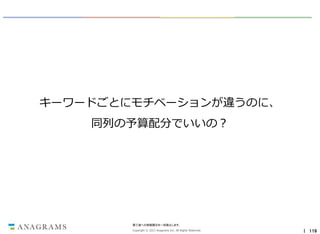 キーワードごとにモチベーションが違うのに、
同列の予算配分でいいの？

第三者への情報開示を一切禁止します。
Copyright © 2013 Anagrams Inc. All Rights Reserved.

｜ 119

 