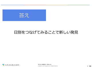 答え
日別をつなげてみることで新しい発見

第三者への情報開示を一切禁止します。
Copyright © 2013 Anagrams Inc. All Rights Reserved.

｜ 126

 