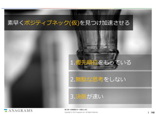 素早くポジティブネック(仮)を見つけ加速させる

1.優先順位をもっている
2.無駄な思考をしない
3.決断が速い
第三者への情報開示を一切禁止します。
Copyright © 2013 Anagrams Inc. All Rights Reserved.

｜ 148

 