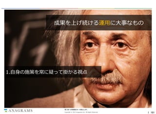 成果を上げ続ける運用に大事なもの

1.自身の施策を常に疑って掛かる視点

第三者への情報開示を一切禁止します。
Copyright © 2013 Anagrams Inc. All Rights Reserved.

｜ 151

 