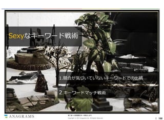 Sexyなキーワード戦術

1.競合が気づいていないキーワードでの出稿

2.キーワードマッチ戦術

第三者への情報開示を一切禁止します。
Copyright © 2013 Anagrams Inc. All Rights Reserved.

｜ 168

 