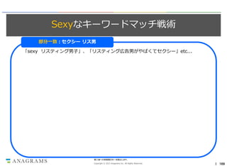 Sexyなキーワードマッチ戦術
部分一致：セクシー リス男
「sexy リスティング男子」、「リスティング広告男がやばくてセクシー」etc...

第三者への情報開示を一切禁止します。
Copyright © 2013 Anagrams Inc. All Rights Reserved.

｜ 169

 