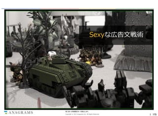 Sexyな広告文戦術

第三者への情報開示を一切禁止します。
Copyright © 2013 Anagrams Inc. All Rights Reserved.

｜ 175

 